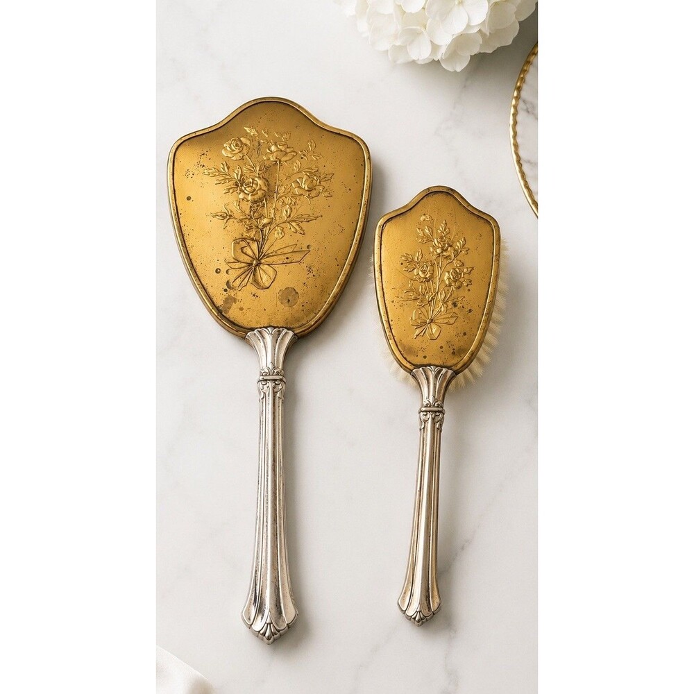 Vintage Vanity Hair Brush and Hand Mirror Floral 2 Piece Set Victorian Look